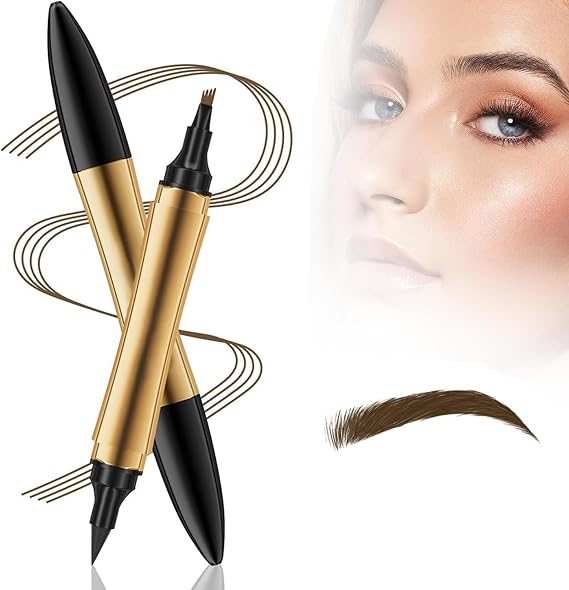 2 in 1 Magic Eyebrow Pencil, 3D Microblading Eyebrow Tattoo Pencil 4 Fork Tip with Eyeliner, Multifunction Double Head Microblading Eyebrows Pencils Waterproof Makeup Tools (Light Brown)