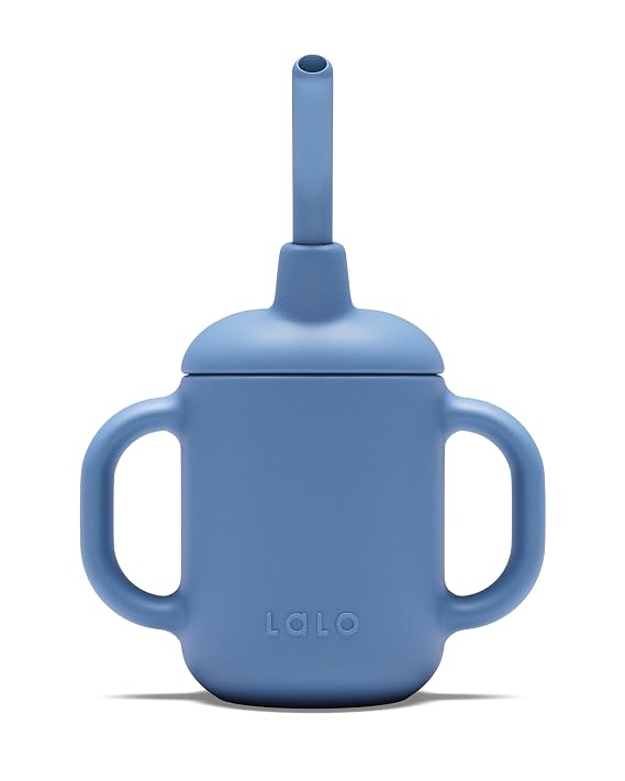 Lalo Little Cup, Non-Toxic Silicone Straw Cup with Handles - Baby and Toddler Sippy Cup - Mini Cup and Straw Training System, 4oz, Blueberry