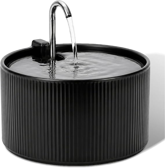 2.2L Ceramic Pet Fountain Porcelain Pet Water Fountain & Little Dog Drinking Bowl Automatic Cat Water Dispenser (Black)