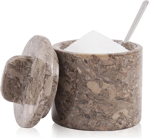 Marble Salt Cellar Handmade 4 Inch Salt Containers for Countertop - 5.2 Oz Salt Holder, Marble Sugar Bowl with Lid and Spoon, Spice Jars for Seasoning Container, Stone Salt Box