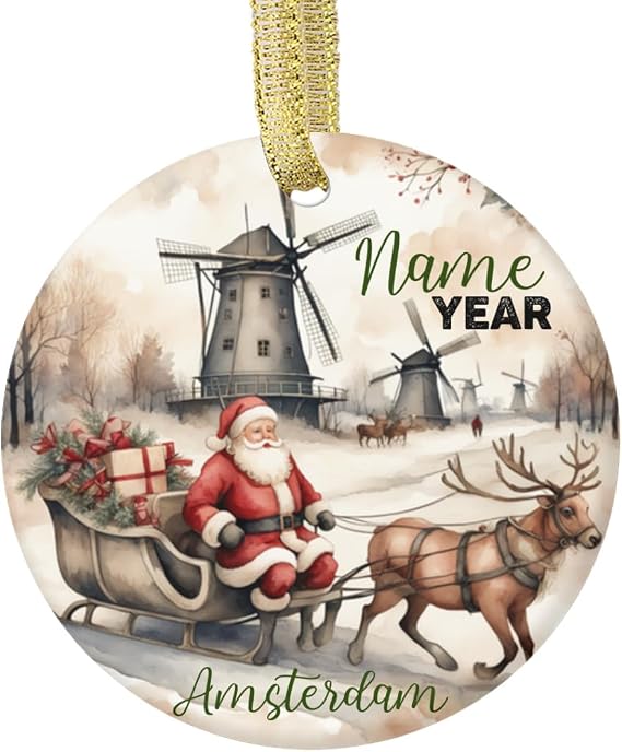 Custom Christmas Ornament The Windmills in Amsterdam Netherlands Vintage Style Santa Claus Reindeer Sleigh Travel Souvenir Gift Keepsake Personalized Xmas Ornaments