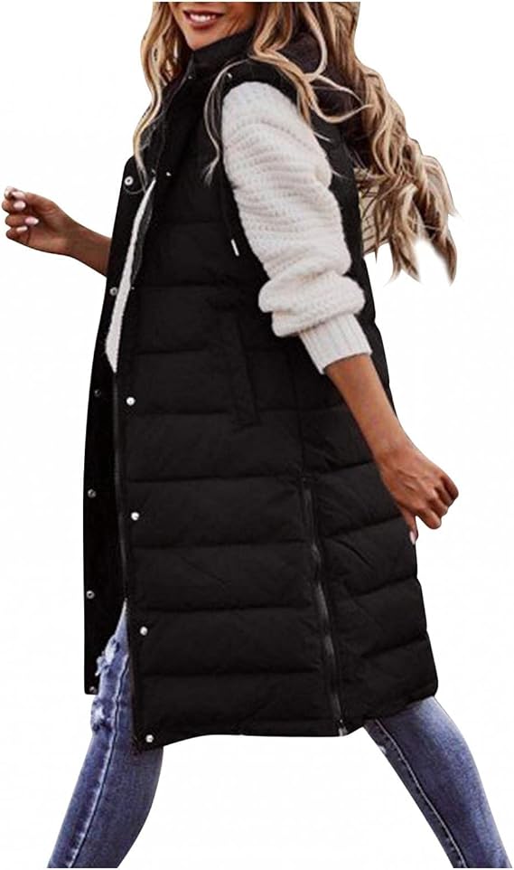 Smoneyful Women's Long Vest Sleeveless Lightweight Puffer Jacket Packable Hooded Down Coat Quilted Vest with Hood Winter