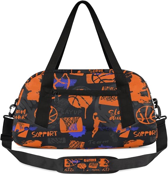 Gym Travel Duffle Bag for Boys - Basketball Kids Overnighter Weekend Bag with Front Zipper Pocket for School Practice, Teens Carry-On Size Sleepover Bags