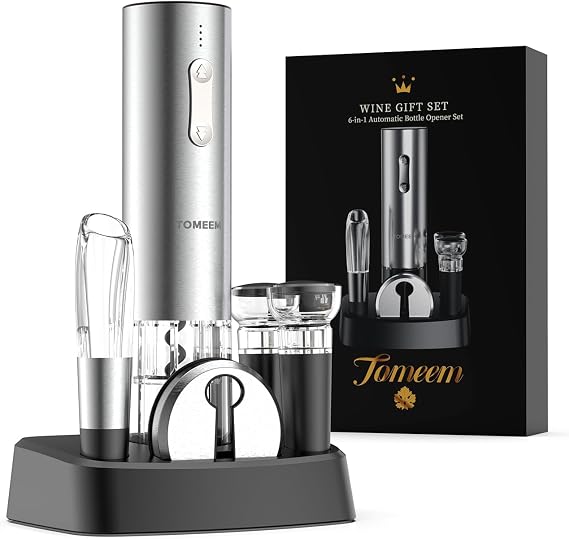 Rechargeable Electric Wine Gift Set - Aerator, Vacuum Stoppers, Foil Cutter and Bottle Opener for Home Bar and Outdoor Parties (Silver, Wine Opener Set)