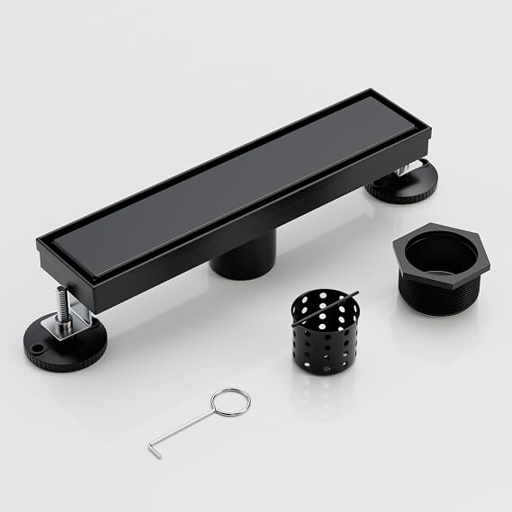 Liner Shower Drain 12 Inch with Tile Insert Panels, SUS304 Stainless Steel Rectangle Liner Shower Drain, Shower Floor Drain with Hair Strainer, Ajustable Leveling Feet (Matte Black)