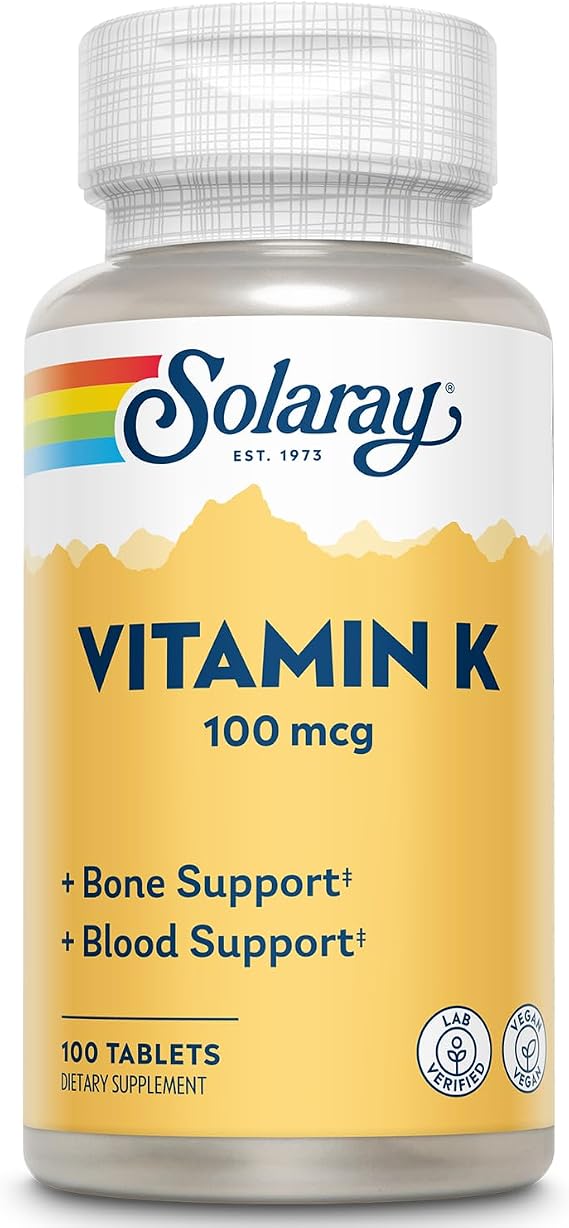 SOLARAY Vitamin K1 Supplement for Men & Women - Vitamin K 1 100 mcg for Bone Health & Blood Support, VIT K Daily Dietary Supplement, Vegan - 100 Tablet Ct