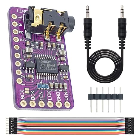 PCM5102A I2S DAC Decoder Module for Raspberry Pi – GY-PCM5102 32-Bit 384kHz Audio Converter Board Bundle with 3.5mm Audio Cable, Pin Header & Dupont Wires – HiFi Stereo Output for Arduino & ESP32