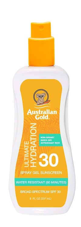 Australian Gold Spray Gel Sunscreen Moisturize Hydrate Skin, Broad Spectrum, Water Resistant, NonGreasyc, Oxybenzone Free, Cruelty Free, SPF 30, Coconut, 8 Ounce (A70892)