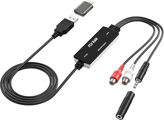 USB 2.0 Audio Grabber with USB-C Adapter Analog to Digital Converter, Dual RCA/3.5mm Inputs, Vinyl/Cassette to MP3 USB Capture Card for PC/Mac/Linux