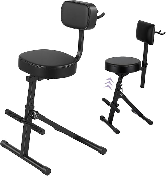 Guitar Stool with Padded Seat,Ergonomic Backrest and Footrest, Adjustable Guitar Seat with Rear Mounted Guitar Hanger, Holds Both Acoustic & Electric Guitars, for Adults for Home Studio (Black)