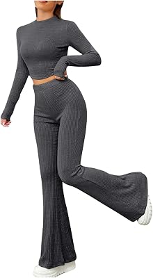 Womens 2 Piece Outfits Knit Lounge Set Crew Neck Long Sleeve Cropped Tops and Flare Wide Leg Pants Casual Trendy Sets