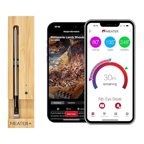 MEATER Plus Smart Meat Thermometer, Honey, Bluetooth, 165ft, Grill & Oven | 165ft Bluetooth range for BBQ, grill, oven, smoker, air fryer, kitchen. Great for steak, chicken, turkey. Recipes in app.