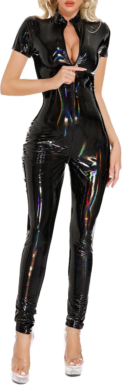 Jugaoge Womens Hot Leather Metallic Zip Front Mock Neck Catsuit Bodysuit Adult Bunny Lady Costume