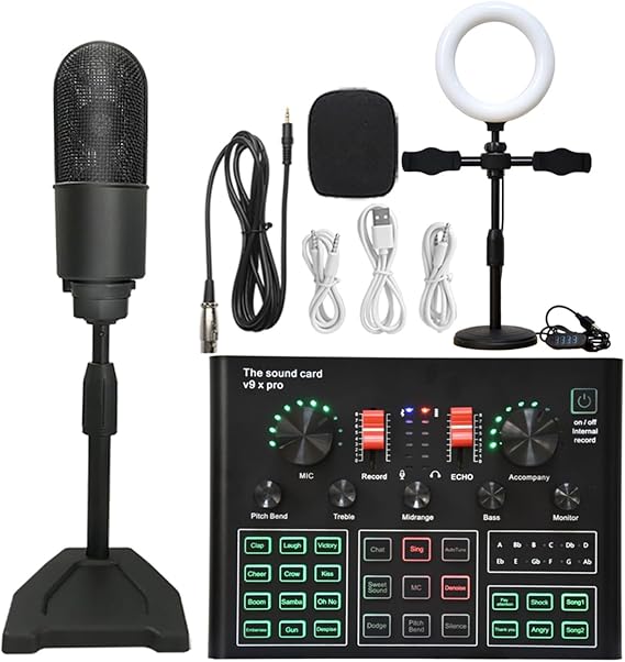 Sound Card Kit Professional Studio Condenser Microphone Bundle WXH1000 Mic Kit with Live Sound Card Wireless Karaoke Bluetooth Studio Setup for Recording M,Black K20 Led-1