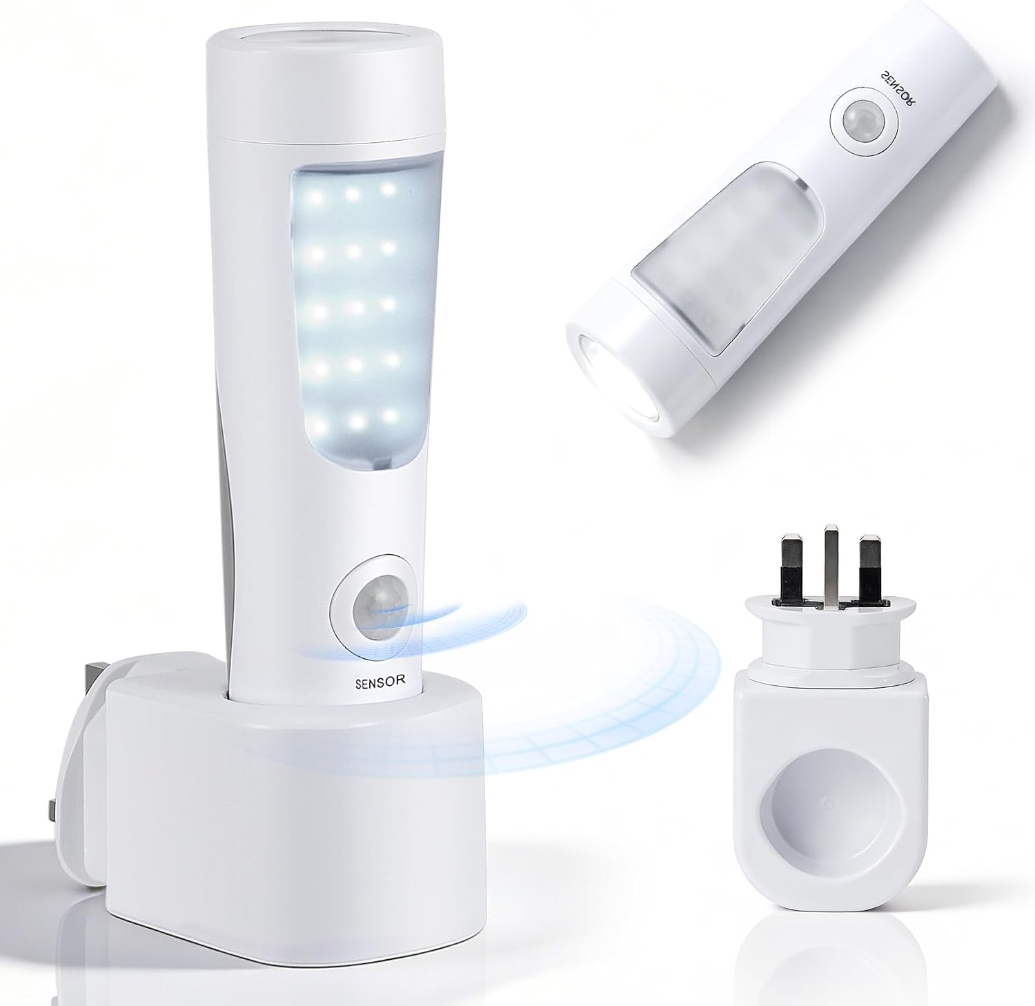 Plug in Motion Sensor Night Light 1 Pack, 4-in-1 Emergency Light with Rechargeable Base, Bright Power Failure Light, Portable Emergency Torch, Plug in Night Light for Hallway Stairs Nursery Bedroom [Energy Class A]