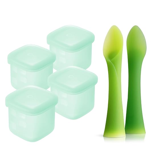 Olababy Training Spoon Set + Olababy Clear Sense Silicone Storage Containers 4pk (Mint, 4 oz)