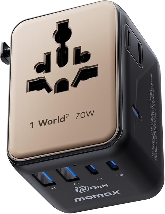 MOMAX Mini 7-in-1 Universal Travel Adapter, GaN 70W Dual AC, 3 USB-C PD & 2 USB-A QC, International Power Charger for 200+ Countries Compact Travel Adapter for Laptop, Phone, UK/AUS/EU/JP Plug