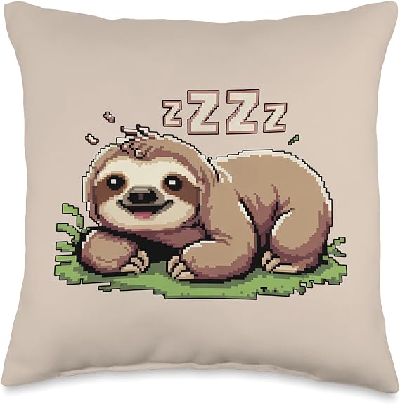 Adorable Sleeping Sloth Napping ZZZs Cute Pixel Art Throw Pillow