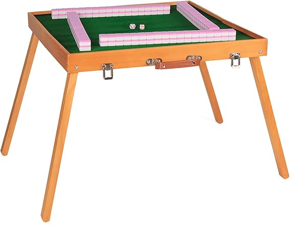 Foldable Mahjong Table with Mahjong Tiles Set, Portable Folding Mahjong Table with 144pcs 26mm Mahjong Set, Essential Tabletop Game for Outdoor Traveling Parties