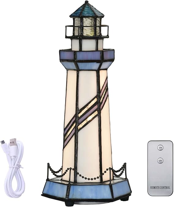 Bieye L10776 Lighthouse Tiffany Style Stained Glass Accent Table Lamp Night Light for Home Decoration (5x5x11, Blue)