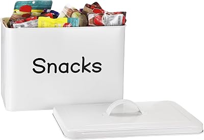 BSTKEY Snack Bin for Countertop, White Metal Snack Organizer for Pantry Kitchen, Rustic Snack Storage Container for Chips Candy Pretzels Cookies Popcorn