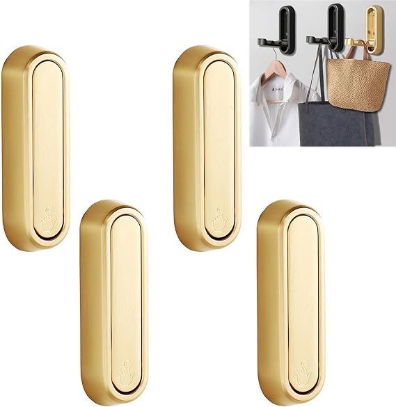 4 Pcs Folding Wall Mounted Bathroom Hooks: Retractable Folding Invisible Hooks - Ideal for Living Room, Kitchen, Bedroom - Easy to Install, Hang Towels, Coats, Hats, Jackets, Rucksacks, Keys (Gold)