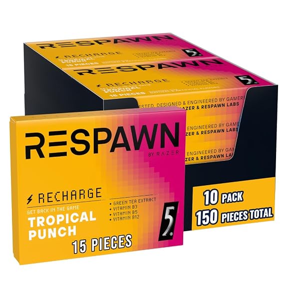 RESPAWN BY RAZER Chewing Gum, Recharge, Tropical Punch, Sugar-Free, 10 Pack