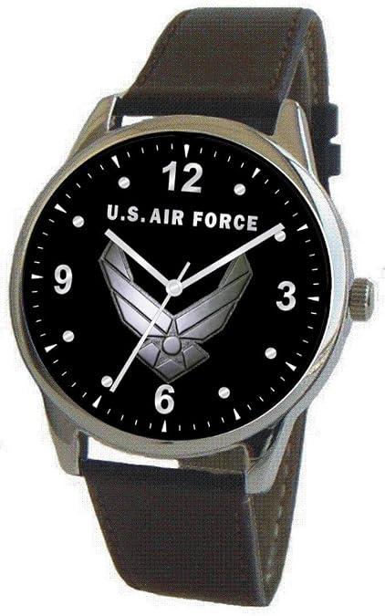 Air Force Emblem Classic Watch with Large Polished Chrome Case and Black Leather Strap