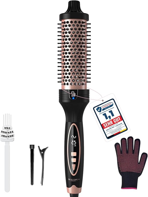 38mm Thermal Brush BRSTOPE PRO, Ionic Blowout Brush, 9 Temps Settings, Heated Hot Round Brush for Hair Straightening and Curling 2 in 1 (Black)