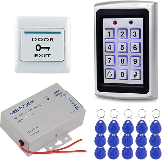 Door Access Control System Kit 125KHz RFID Keypad Metal Case + DC12V 3A Power Supply Controller + Door Exit Button + 10pcs Keyfobs (Without Lock)