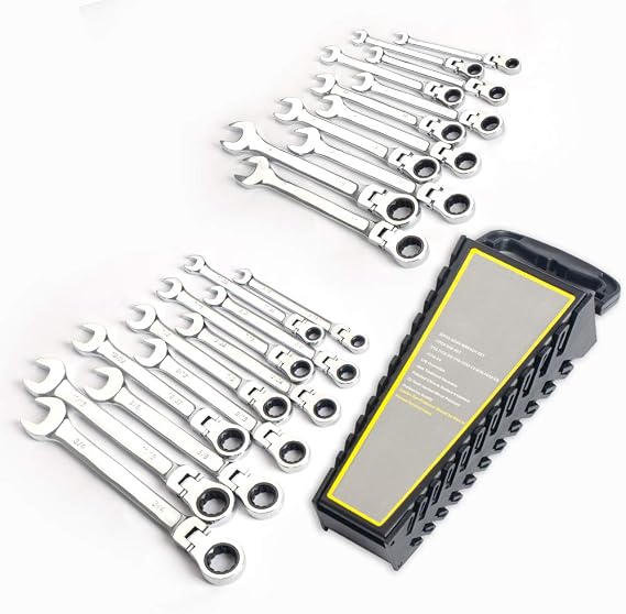FLZOSPER 22 -Piece Flex-Head Ratcheting Wrench Set, Both SAE and Metric Chrome Vanadium Steel Hand Combination Ratchet Set of Wrench