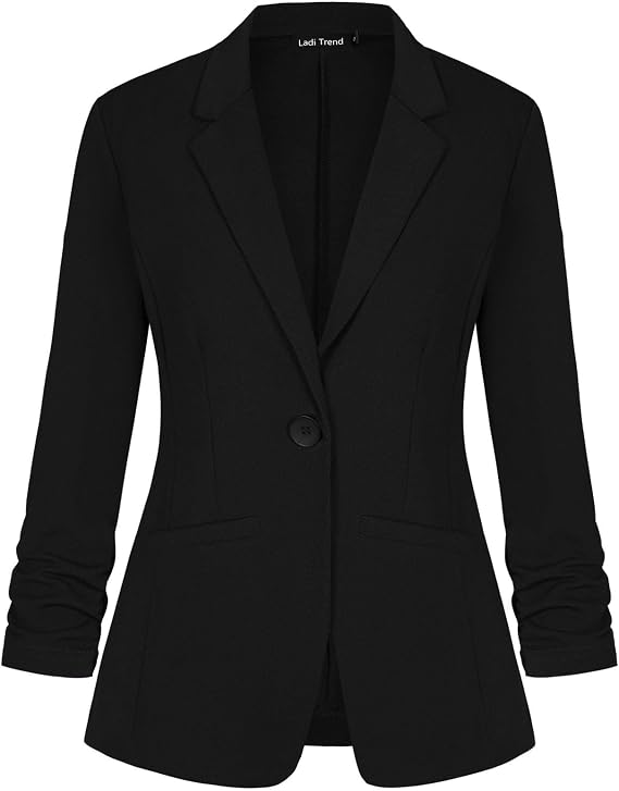 Womens Casual Blazer Suit One Button Jacket Blazers Notched Lapel Workwear Elegant 3/4 Ruched Sleeve Classic Formal