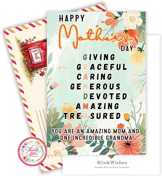 Mothers Day Card for Grandma, Mother's Day Card for Grandma from Kids with Seal and Envelope, Grandmother, Nana, Gigi, Mimi Card from Granddaughter Grandson