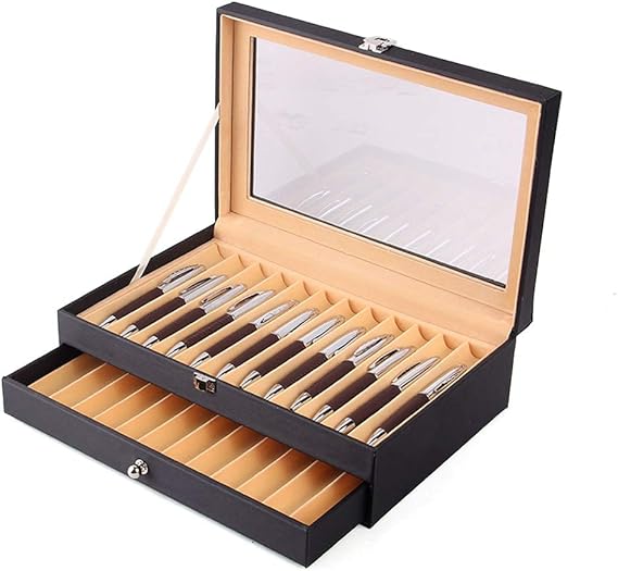 2-Layer 24 Slots Fountain Pen Holder Black Leather Display Case Pen Organizer Collector Storage Box Fountain Pen Case for Home Shop Pen Collectors (Black/24 Slots)
