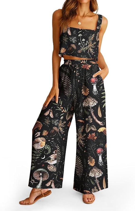 2 Piece Sets for Women Casual Summer Outfit Womens Crop Top with Wide Leg Pants Lounge Set Matching Vacation Clothes
