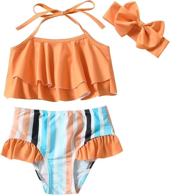 Neutocd Toddler Baby Infant Swimsuit Girl Ruffles Bathing Suit Halter Top Bikini with Headband Baby Girls' Swimwear