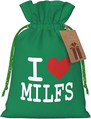 AMZJHGWEU I Love Milfs Christmas Gift Bags, Santa Wrapping Bags, With Drawstring And Tags Reusable, Xmas Presents Bag, Holiday Party Favors, Birthday & Christmas Gift