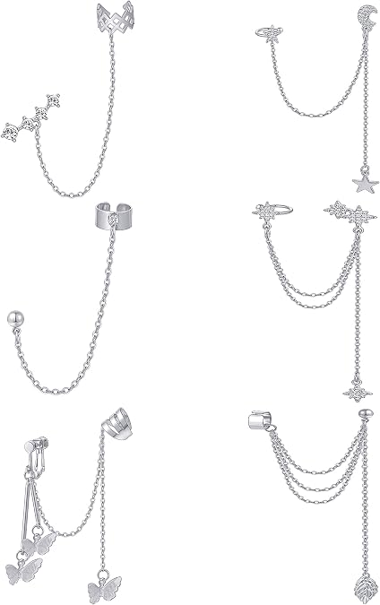 6Pcs Tassel Ear Cuff Butterfly Snowflake Flower Star Moon Leaf CZ Cuff Earring Chain Set Crawler Climber Earring Dangling Chain Wrap Clip on Earrings Jewelry for Women Men Gold Silver Tone