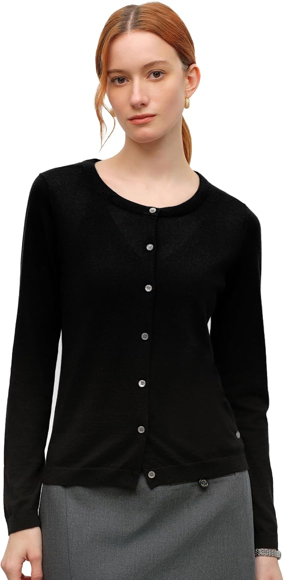 KVSS Women's Crew Neck Cardigan, Long Sleeve Button Front, 30% Silk 70% Cashmere, Fine Knit Luxury Sweater