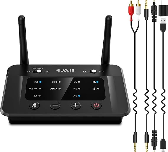 1Mii Bluetooth Transmitter Audio Receiver Bluetooth 5.3 Transceiver, for TV Amplifier, AUX Optical Digital RCA USB AAC aptX LL Low Latency aptX HD Classic Compatible, Dual Earphones/Headphones | Bluetooth トランスミッター オーディオ レシーバー 二つイヤホン/ヘッドホン同時接続 音量調整可能 ぶるーとーす送信機 受信機 バイパス 一台三役 電波法技適マーク取得済み