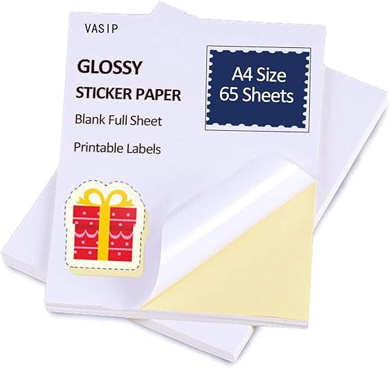 65 Sheets Glossy Sticker Paper, A4 Self-Adhesive Sticker Paper for Laser and Injection Printers (65 Sheets)
