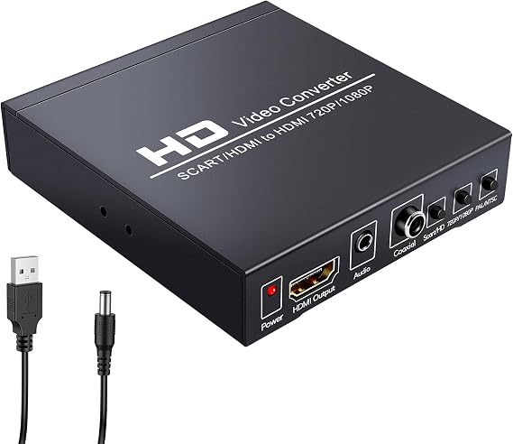 Scart to HDMI Video Converter Box 720P/1080P SCART to HDMI Adapter Switch with PAL/NTSC Video Scaler Scaler 3.5mm Coaxial Audio Output for Game Consoles DVD