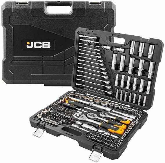 JCB 218 Piece Socket and Tool Set, 3/8'', 1/4'' and 1/2'' Sockets, Bits, Wrenches, and Accessories for Various Heavy-Duty Mechanical and Maintenance Purposes