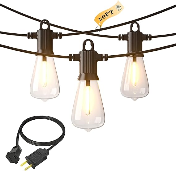 Kawaya Outdoor String Lights 50 FT LED Patio Lights with 25+2 Shatterproof Vintage Edison Bulbs 2700K Dimmable IP65 Waterproof Outside Hanging Lights and Extension Cords 16FT