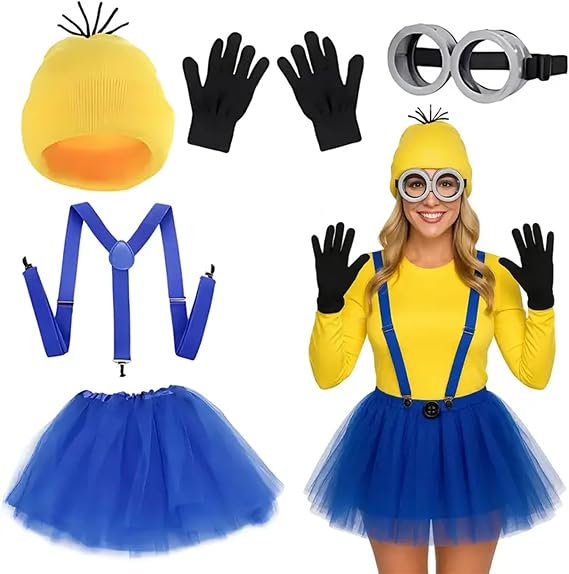 6PCS Yellow Costume Accessories - Complete Fancy Dress Set with Hat, Goggles, Gloves, Tutu Skirt, Suspenders; Halloween Costumes for Halloween Cosplay Party