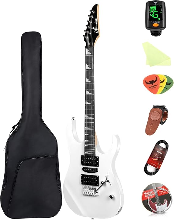 Bullfighter 39 Inch Electric guitar 4/4 Full Size, HSH Pickup, Guitar Electric for Beginners Starter Music Lover with 8 Accessories Guitar Bag, Strap, Picks, Tuner, Strings and Cable. MS-170 (White)