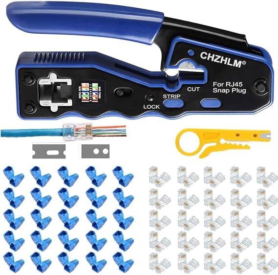 Rj45 Crimp Tool Pass Through Ethernet Crimping Tool kit for 8P Cat5 Cat6 Pass Through Connectors Network Crimp Tool RJ45 Crimper with 50Pcs Covers and 50Pcs Connectors Mini Yellow Stripper