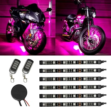 LEDGlow 6pc Advanced Pink LED Motorcycle Accent Neon Underglow Lighting Kit - 4 Patterns - 4 Brightness Levels - 6" Flexible Light Strips - Includes Waterproof Control Box & 2 Wireless Remotes
