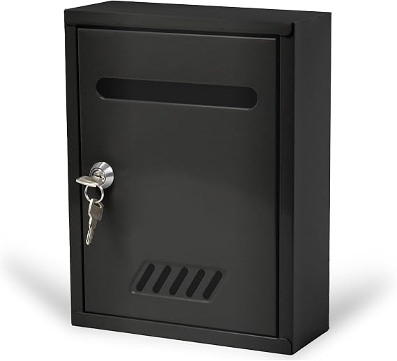 Small Locking Mailbox Wall Mount for Outside, Powder-Coated Metal Mail Box with Lock & 2 Keys, Secure Compact Outdoor Wall Mounted Mailbox for Letters, Bills and Envelopes (Black)