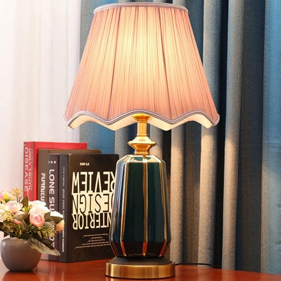 Chinese Table Light 21" Ceramic Table Lamp Retro Bedside Desk Nightstand Lamp with Fabric Shade Chinoaserie Style Ceramic Desk Lamp Reading Lamp with E26 Base